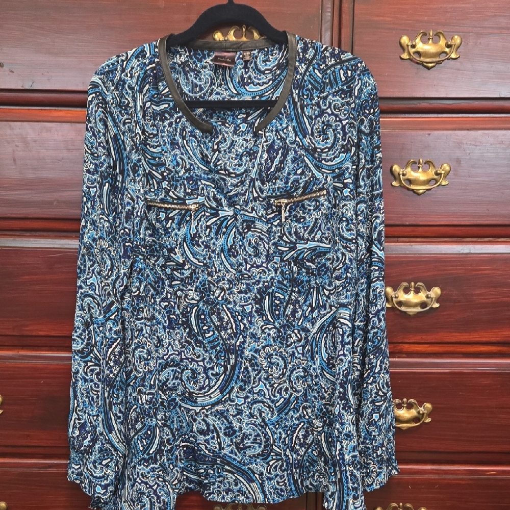 ⛱️Rafaella Black, Blue, And White Paisley Long Sleeve Blouse Size XL